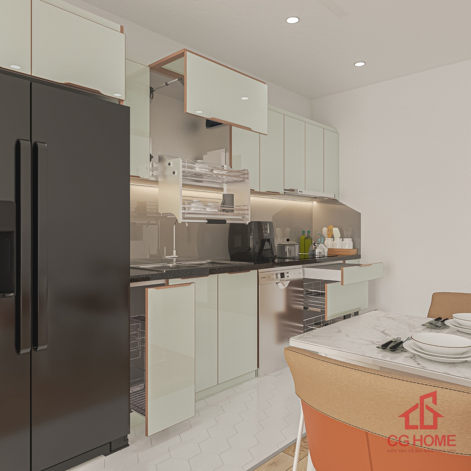 tủ bếp inox cánh kính chữ I39M