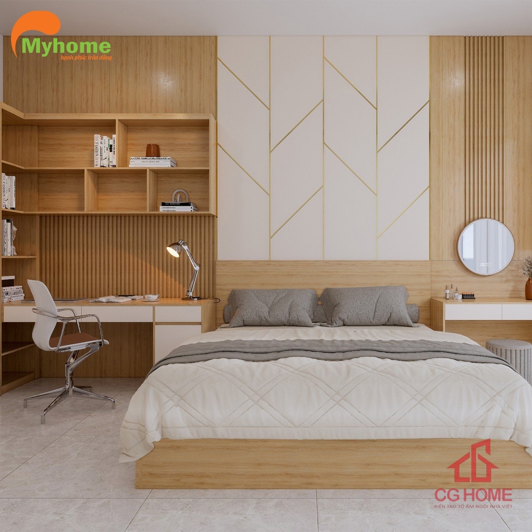 Phòng ngủ ấm cúng với việc kết hợp bàn trang điểm, giường ngủ đôi, bàn làm việc và giá sách liền mạch.