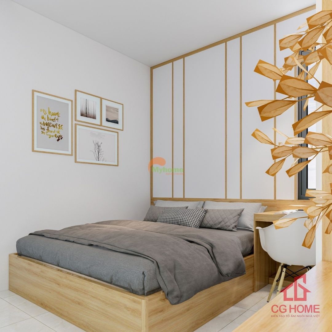 Ốp đầu giường gỗ MDF cách điệu giúp mở rộng không gian của phòng ngủ.