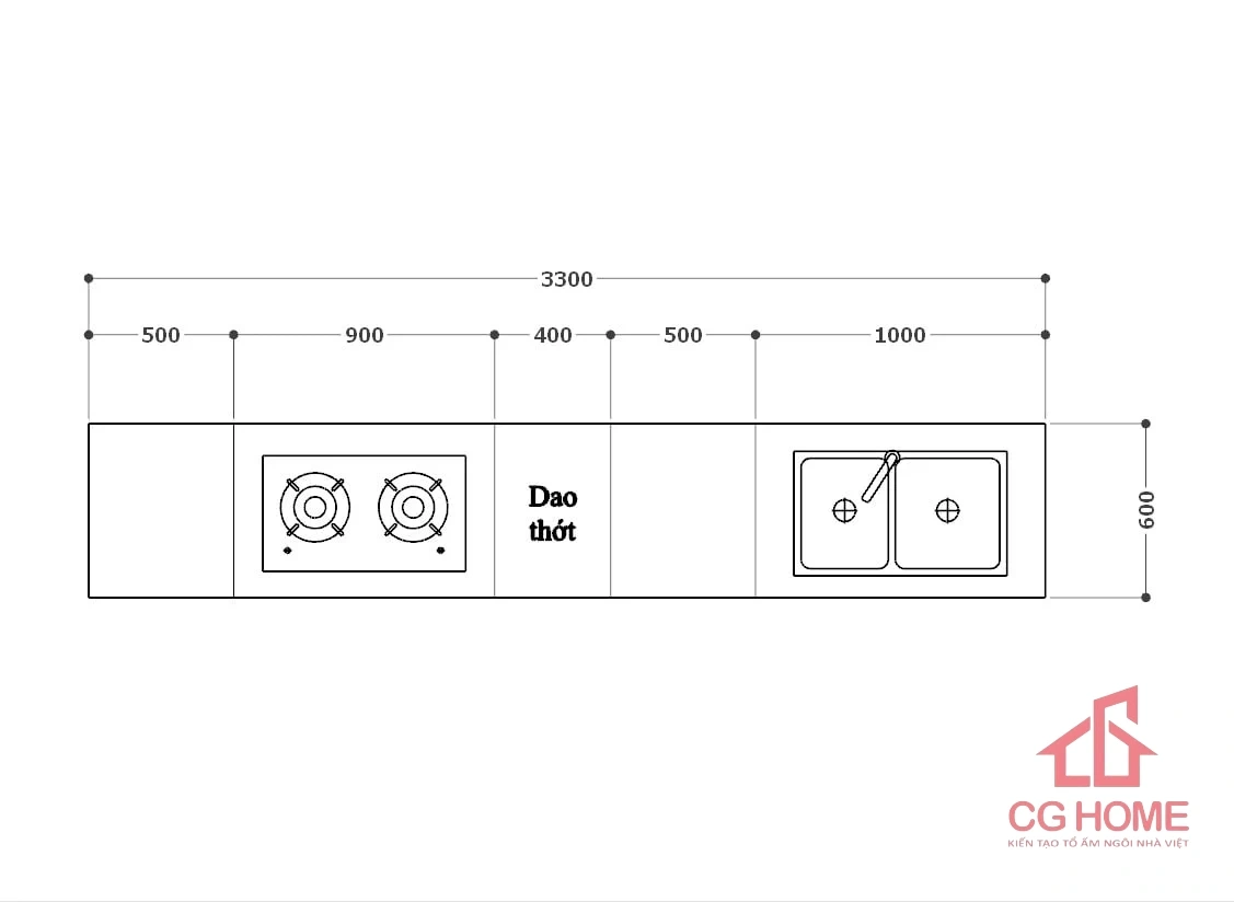 Tủ bếp inox cánh kính 3.3m chữ I