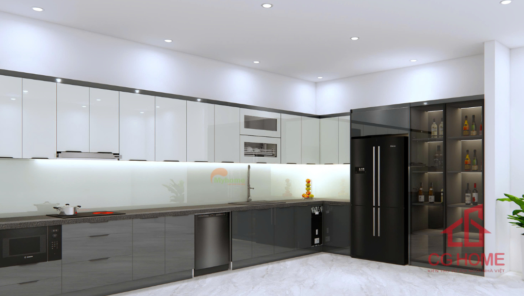 Hệ cánh kính bóng gương giúp bếp sáng và sang trọng hơn