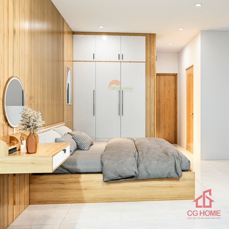 Tủ quần áo âm tường kết hợp kệ mở giúp tối ưu công năng lưu trữ và tăng tính thẩm mỹ cho phòng ngủ master.