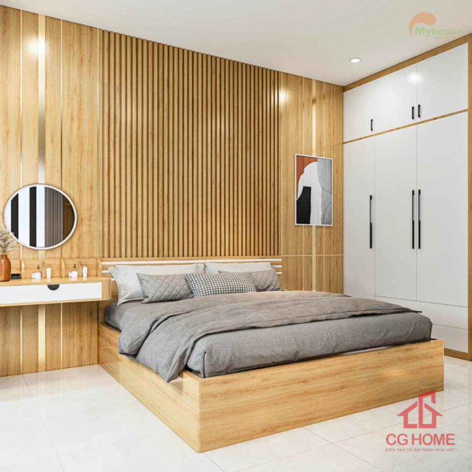 Giường ngủ bệt kết hợp vách ốp gỗ nan dọc tạo điểm nhấn sang trọng, ấm áp và đúng tinh thần tối giản.