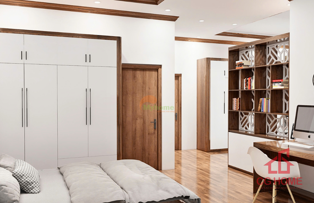 Tổng thể phòng ngủ master kết hợp phòng làm việc với bố cục gọn gàng, thông thoáng.