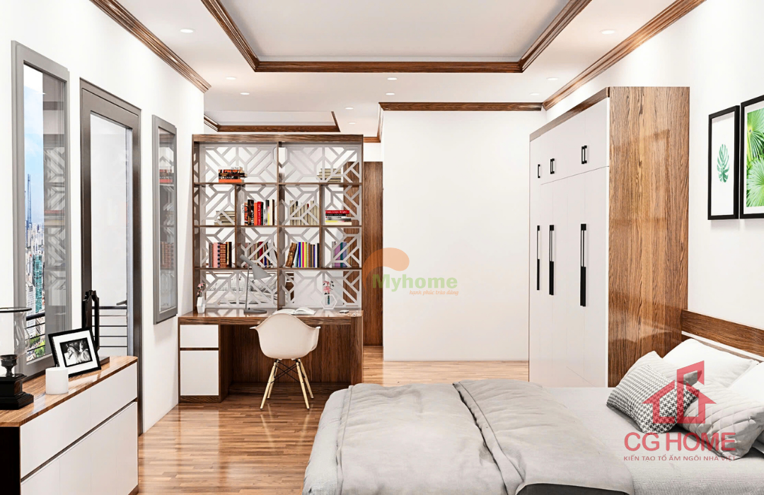 Sự kết hợp hài hòa giữa chất liệu gỗ và màu trắng trong thiết kế tổng thể