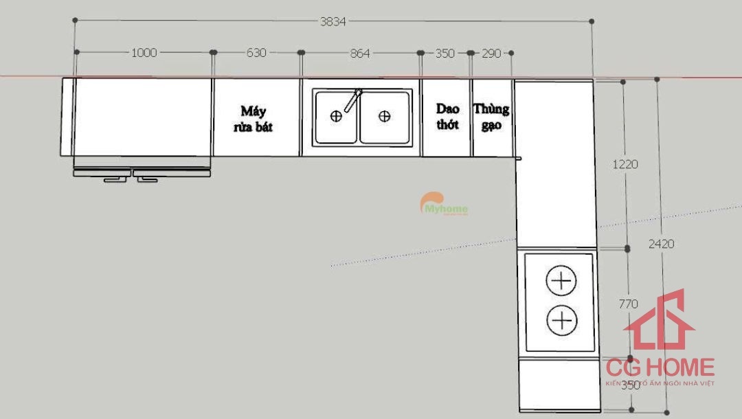 Mặt bằng tủ bếp inox cánh kính chữ L 3.8x2.4m kịch trần