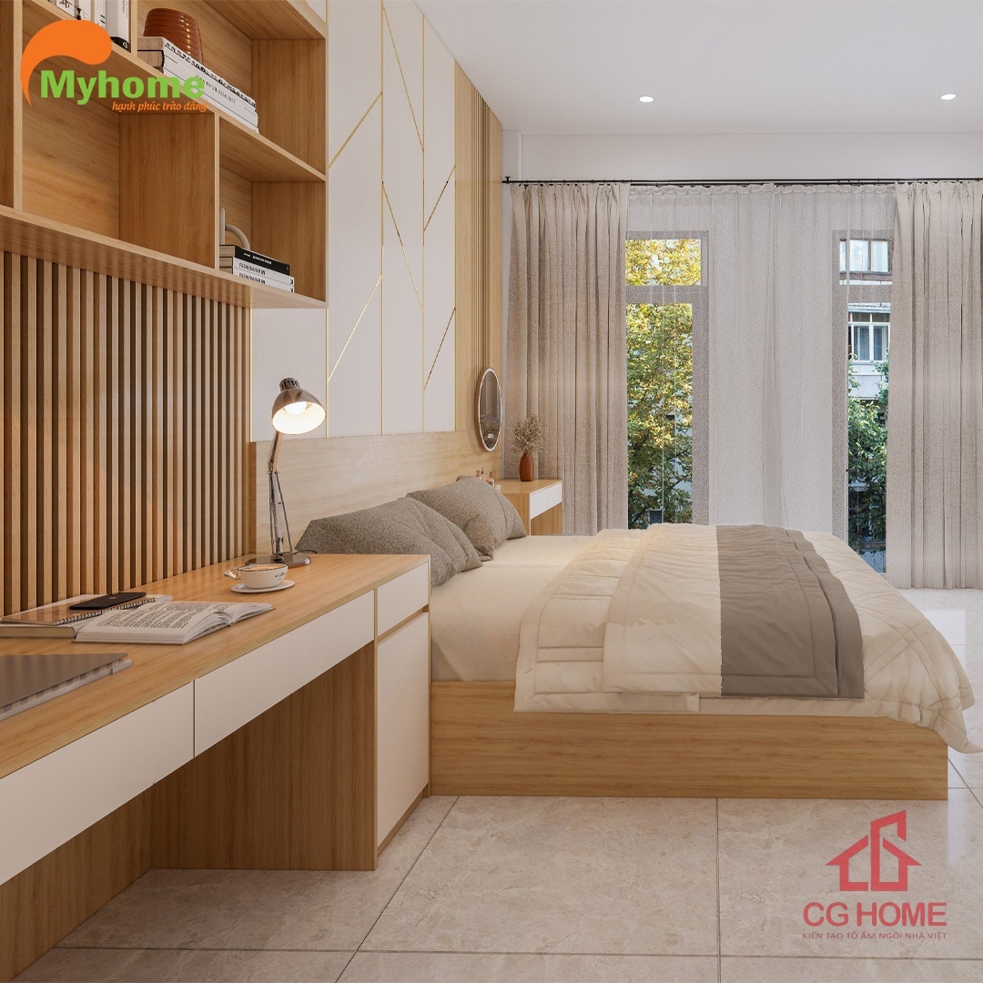 Không gian bố trí nội thất phòng khách gọn gàng, rộng rãi, đầy đủ công năng.