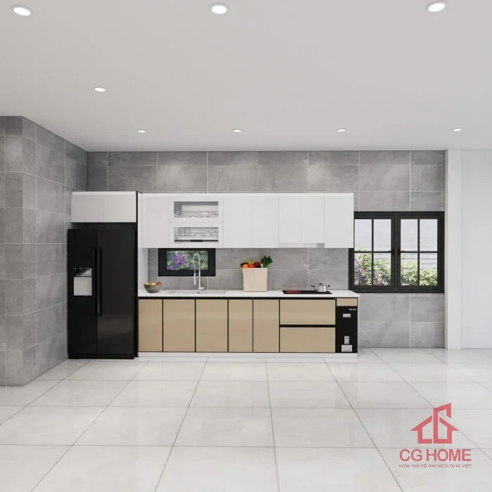 Tủ bếp inox cánh acrylic tủ trên, cánh kính tủ dưới 4.1m chữ I