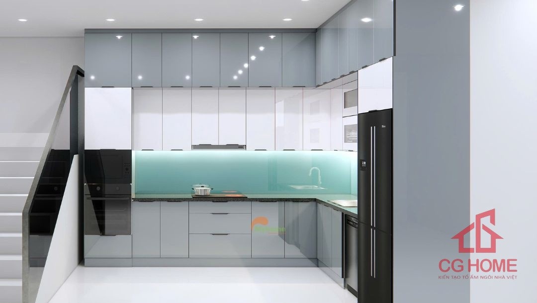 Tủ bếp inox cánh kính chữ L kích thước 3.5x3.5m 3