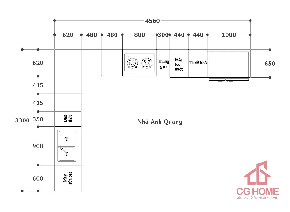 Mẫu tủ bếp inox cánh kính chữ L4.5*3.3m