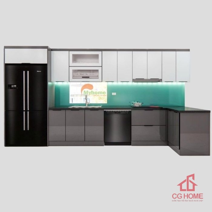 Mẫu Tủ Bếp Inox Cánh Kính Chữ L 4.4×1.4m