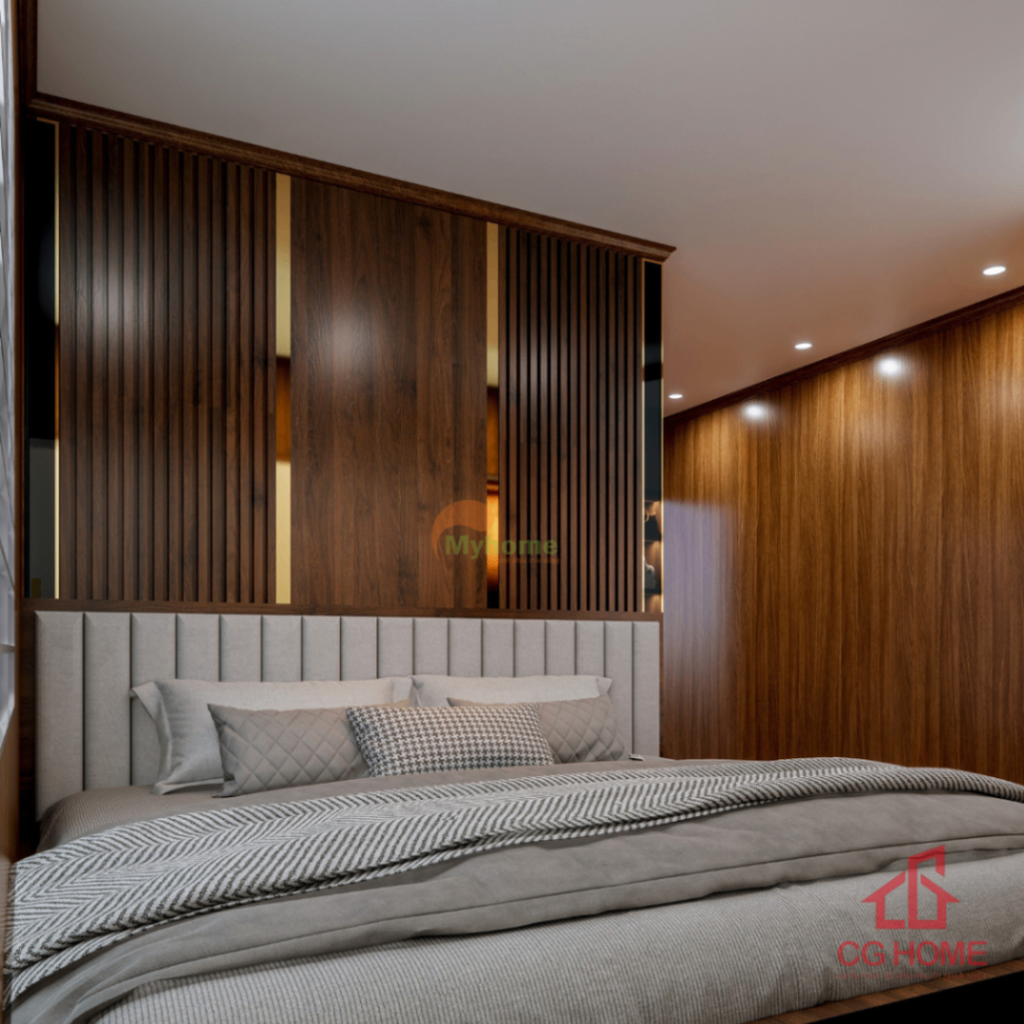 Mảng tường đầu giường ốp gỗ giúp phòng ngủ thêm chiều sâu và đẳng cấp.