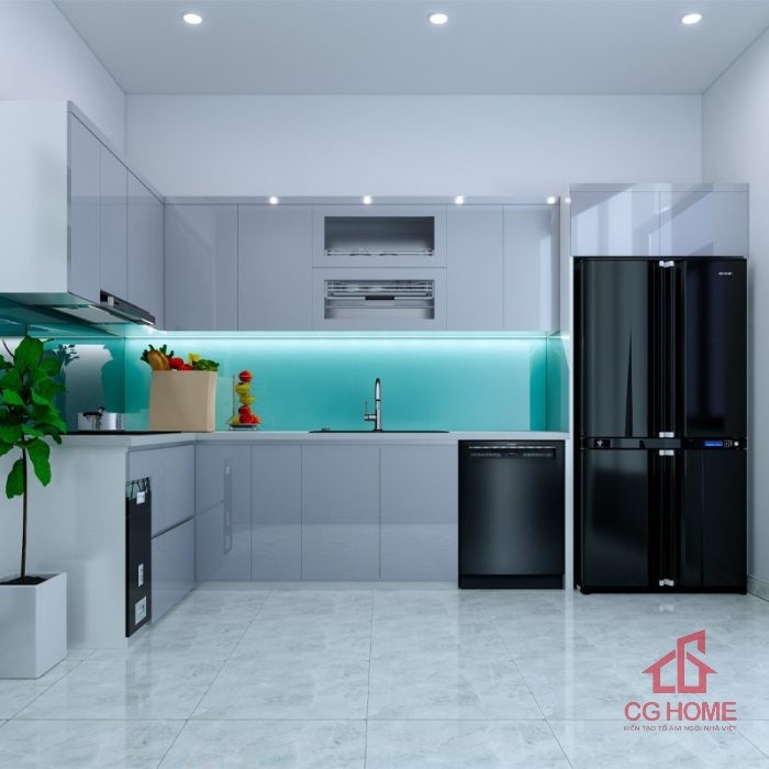 Tủ bếp inox cánh acrylic 5.4m chữ L