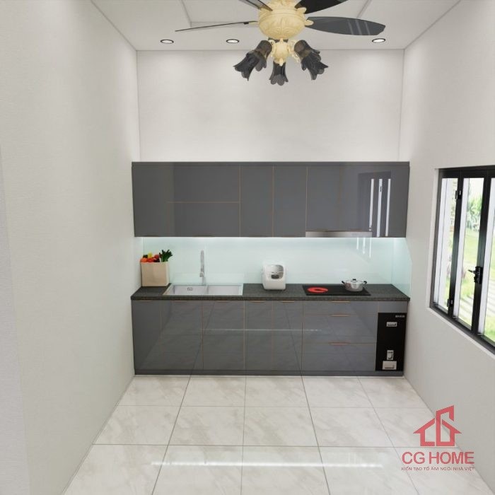 Tủ bếp inox cánh kính 2.9m chữ I