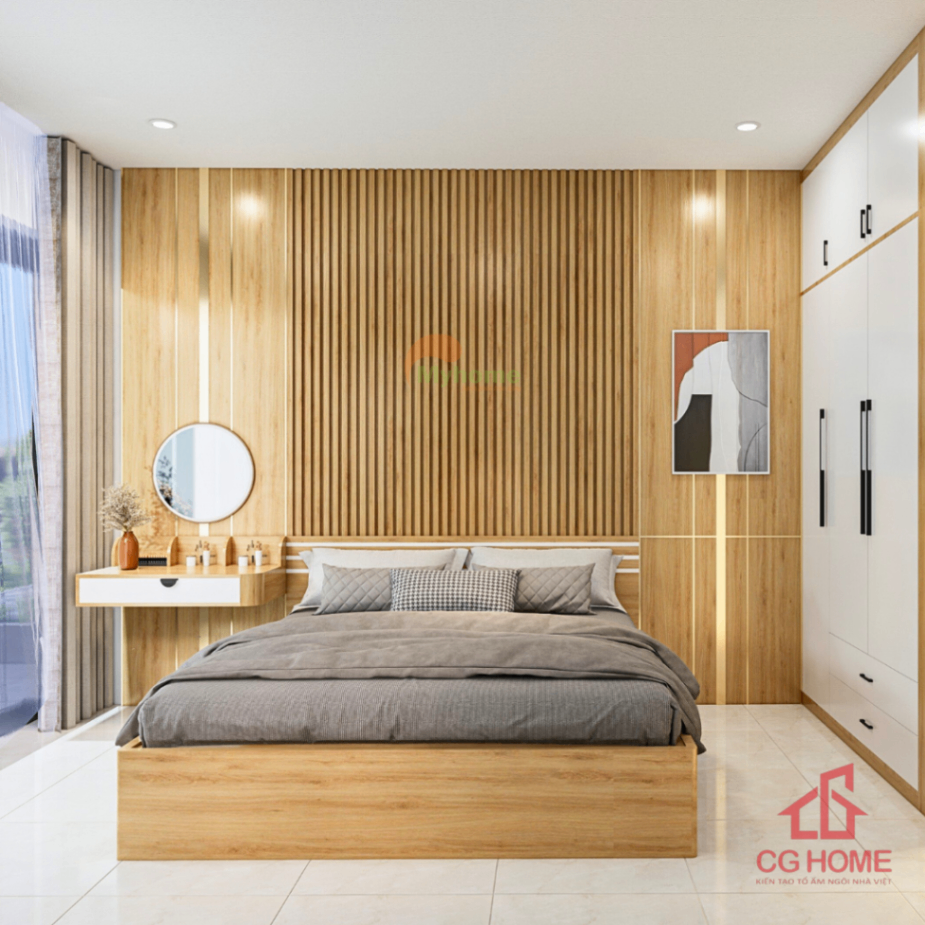 Không gian phòng ngủ master sử dụng tông màu trung tính, nội thất gỗ tự nhiên và bố cục gọn gàng