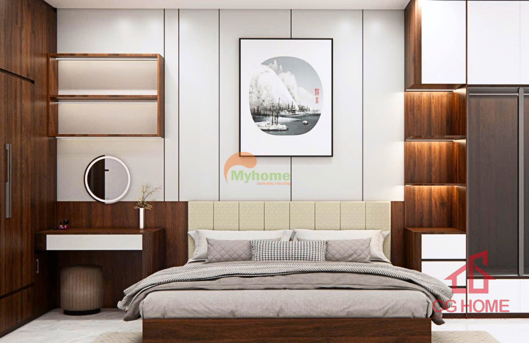 Không gian phòng ngủ được thiết kế tối giản, mang lại cảm giác thư giãn và riêng tư.