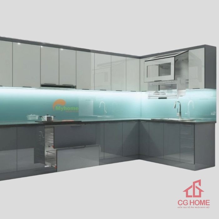 Mẫu Tủ Bếp Inox Cánh Kính Chữ L 3.7×2.1m