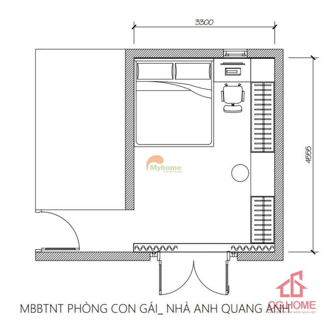 Mặt bằng phòng ngủ con gái 15m2 đầy đủ công năng