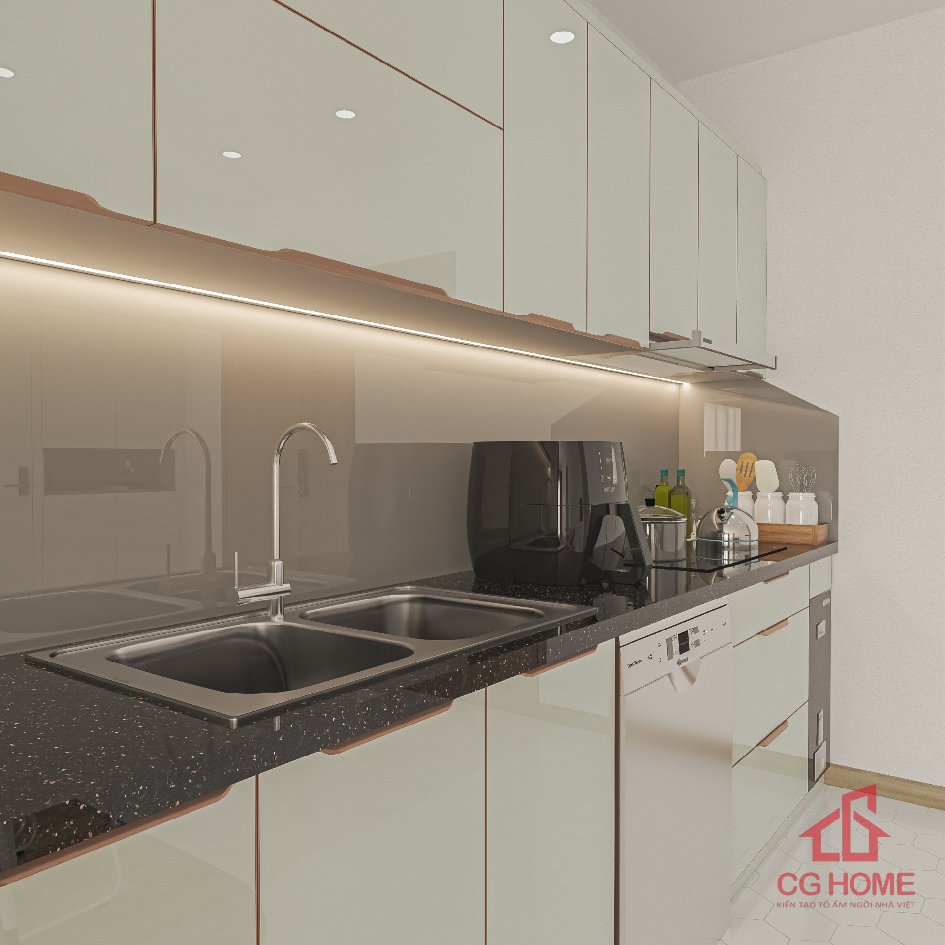 tủ bếp inox cánh kính chữ I39M