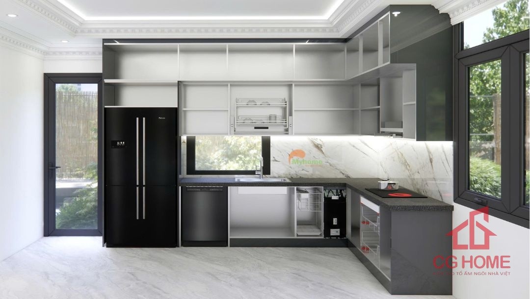 Bố trí công năng tủ bếp inox cánh kính chữ L 3.8x2.4m kịch trần